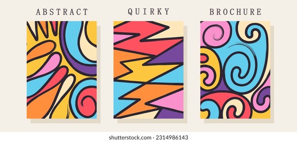 Quirky posters. Colorful randome freehand shapes. Cheerful stylized children's creativity. Trendy composition from brush strokes and spots. Vector template