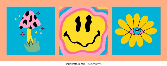 Quirky posters with melting happy face, flower with an eye and mushroom in the mood of the 1970's psychedelic style.