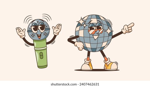 Quirky Retro Microphone And Disco Ball Characters, Animated Personages Exude Vintage Charm, Vector Illustration