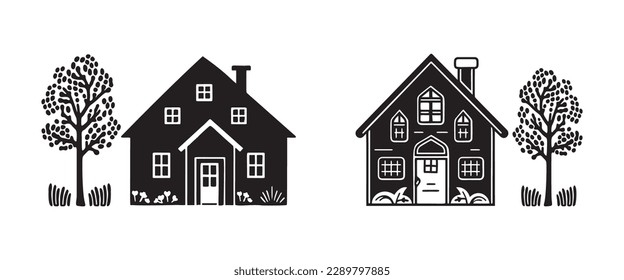 Quirky row of houses with garden set. Collection of rural linocut real estate motifs. 