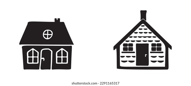 Quirky row of houses with garden set. Collection of rural linocut real estate motifs. 
