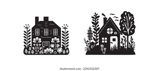 Quirky row of houses with garden set. Collection of rural linocut real estate motifs. 