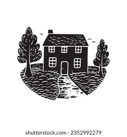 Quirky rural cabin holiday home vector illustration. Block print real estate graphic for scandi winter scene doodle, whimsy minimal stylized domestic house.