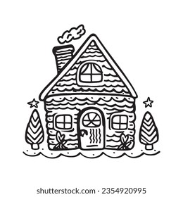 Quirky rural cabin holiday home vector illustration. Block print real estate graphic for scandi winter scene doodle, whimsy minimal stylized domestic house.