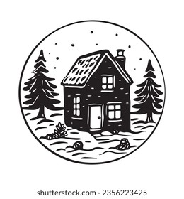 Quirky rural cabin holiday home vector illustration. Block print real estate graphic for scandi winter scene doodle, whimsy minimal stylized domestic house.