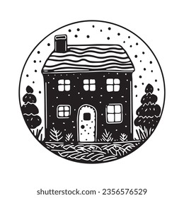 Quirky rural cabin holiday home vector illustration. Block print real estate graphic for scandi winter scene doodle, whimsy minimal stylized domestic house.
