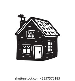 Quirky rural cabin holiday home vector illustration. Block print real estate graphic for scandi winter scene doodle, whimsy minimal stylized domestic house.