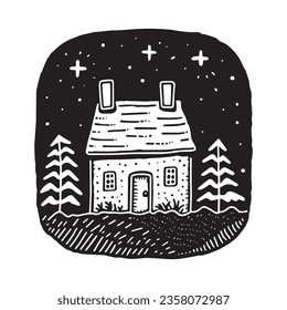 Quirky rural cabin holiday home vector illustration. Block print real estate graphic for scandi winter scene doodle, whimsy minimal stylized domestic house.