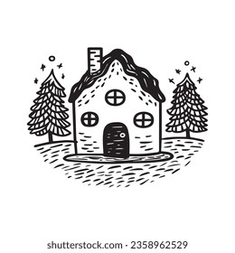 Quirky rural cabin holiday home vector illustration. Block print real estate graphic for scandi winter scene doodle, whimsy minimal stylized domestic house.