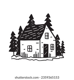 Quirky rural cabin holiday home vector illustration. Block print real estate graphic for scandi winter scene doodle, whimsy minimal stylized domestic house.