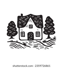 Quirky rural cabin holiday home vector illustration. Block print real estate graphic for scandi winter scene doodle, whimsy minimal stylized domestic house.