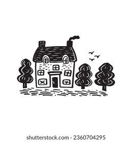 Quirky rural cabin holiday home vector illustration. Block print real estate graphic for scandi winter scene doodle, whimsy minimal stylized domestic house.