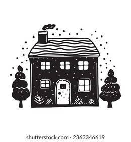 Quirky rural cabin holiday home vector illustration. Block print real estate graphic for scandi winter scene doodle, whimsy minimal stylized domestic house.