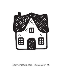 Quirky rural cabin holiday home vector illustration. Block print real estate graphic for scandi winter scene doodle, whimsy minimal stylized domestic house.