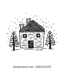 Quirky rural cabin holiday home vector illustration. Block print real estate graphic for scandi winter scene doodle, whimsy minimal stylized domestic house.