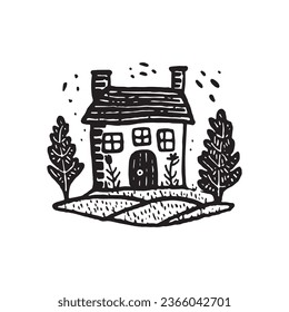 Quirky rural cabin holiday home vector illustration. Block print real estate graphic for scandi winter scene doodle, whimsy minimal stylized domestic house.