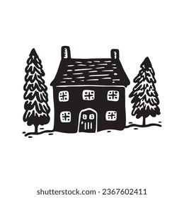 Quirky rural cabin holiday home vector illustration. Block print real estate graphic for scandi winter scene doodle, whimsy minimal stylized domestic house.