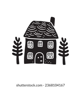 Quirky rural cabin holiday home vector illustration. Block print real estate graphic for scandi winter scene doodle, whimsy minimal stylized domestic house.