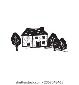 Quirky rural cabin holiday home vector illustration. Block print real estate graphic for scandi winter scene doodle, whimsy minimal stylized domestic house.