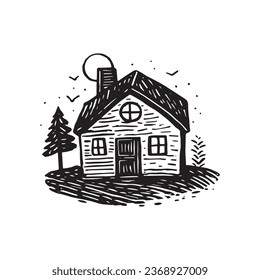 Quirky rural cabin holiday home vector illustration. Block print real estate graphic for scandi winter scene doodle, whimsy minimal stylized domestic house.