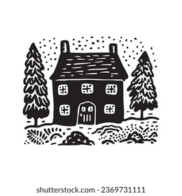 Quirky rural cabin holiday home vector illustration. Block print real estate graphic for scandi winter scene doodle, whimsy minimal stylized domestic house.