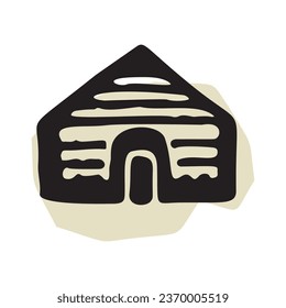 Quirky rural cabin holiday home vector illustration. Block print real estate graphic for scandi winter scene doodle, whimsy minimal stylized domestic house.