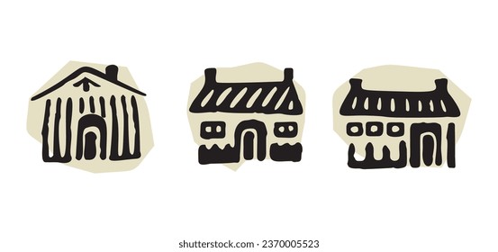 Quirky rural cabin holiday home vector illustration set. Block print real estate graphic for scandi winter scene doodle, whimsy minimal stylized domestic house.