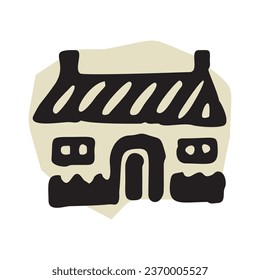 Quirky rural cabin holiday home vector illustration. Block print real estate graphic for scandi winter scene doodle, whimsy minimal stylized domestic house.