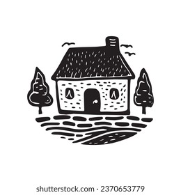 Quirky rural cabin holiday home vector illustration. Block print real estate graphic for scandi winter scene doodle, whimsy minimal stylized domestic house.