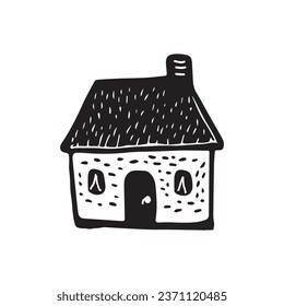 Quirky rural cabin holiday home vector illustration. Block print real estate graphic for scandi winter scene doodle, whimsy minimal stylized domestic house.