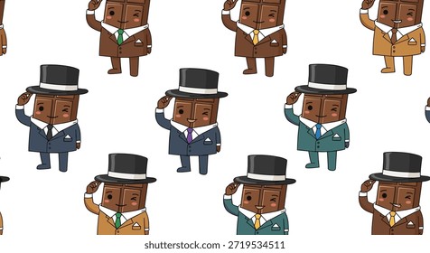 Padrão suave e delicado de barras de chocolate vestidas com ternos coloridos e chapéus superiores em um fundo branco limpo.