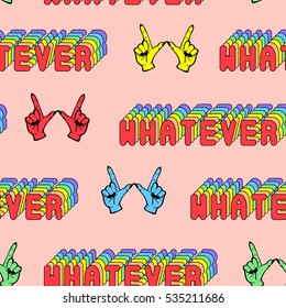 Quirky seamless pattern with comic words 'Whatever' and colorful hand gestures. Fashion patch badges, pins, stickers isolated on peachy background. Cartoon 80s - 90s style.