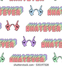 Quirky seamless pattern with comic-style phrase "Whatever" and colorful hand gestures. Fashion patch badges, pins, stickers isolated on white background. Retro colors. Cartoon 80s-90s style.