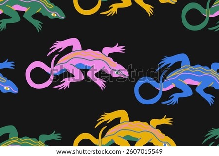 Quirky seamless pattern with komodo. Chameleon lizard tribal print for cover, fabric, textile. Vector illustration. 