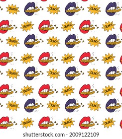 Quirky seamless pattern of red lips biting into chips, crunching, bright colours against a white background. Pop art or comic style, great for fashion, packaging, wrapping paper, stationery, etc.