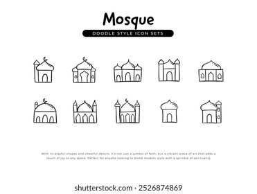 Vector de conjunto peculiar de la línea de iconos de mezquita con estilo doodle de dibujo a mano