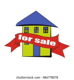 Quirky silhouette of cartoon hand drawn house with red roof. Home Staging lettering, isolated  on white background. Quaint vector logo design. Fun and unique template for banner, flayer, advertising.
