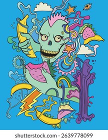 quirky skull fruit energy drink doodle skull strawberry banana energy drink vector skull fruit energy drink label illustration hand-drawn skull energy drink packaging strawberry banana