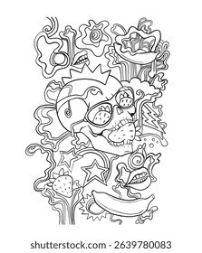 quirky skull fruit energy drink doodle skull strawberry banana energy drink vector skull fruit energy drink label illustration hand-drawn skull energy drink packaging strawberry banana
