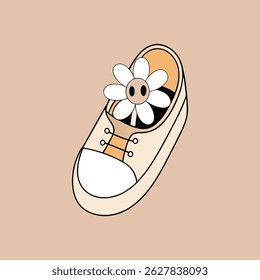 Quirky sneaker with a daisy character inside summer vibes illustration