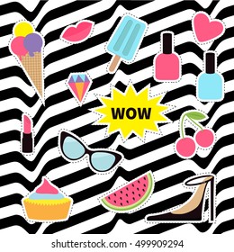 Quirky sticker patch badge set. Fashion pin. White black wave abstract line optical background. Flat Vector