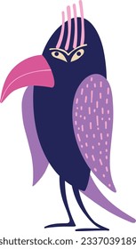 Quirky strange crow. A bizarre strange bird with a purple color. Illustration in modern childish hand drawn style