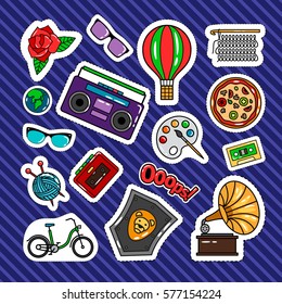 Quirky style retro patches set with cassette recorder, bicycle, air balloon and sunglasses. Vector stickers or badges collection on blue background