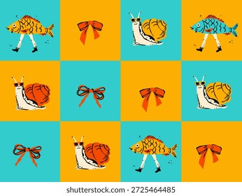 Personagens Surreais Quirky Definido com Peixe nas Pernas e Caracol em Óculos