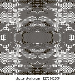 Quirky Tapestry Pattern. Collage Composition.   Vector Seamless Tapestry Pattern. Kaleidoscope Layout. Gray Dynamic Abstract Geometric Background With Organic Shapes. Mosaic Design. Asian Motif.