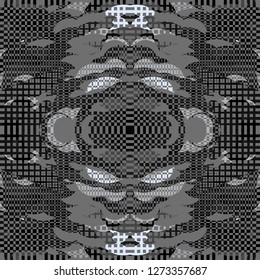 Quirky Tapestry Pattern. Collage Composition.   Vector Seamless Tapestry Pattern. Kaleidoscope Layout. Gray Rhythmic Abstract Geometric Background With Organic Shapes. Mosaic Design. Asian Motif.