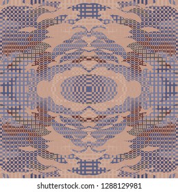 Quirky Tapestry Pattern. Collage composition.  Violet vector seamless tapestry pattern. Kaleidoscope layout. Rhythmic abstract geometric background with organic shapes. Mosaic design. Asian motif.