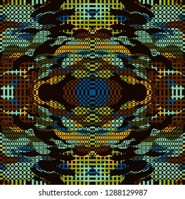 Quirky Tapestry Pattern. Collage Composition. Vector seamless tapestry pattern. Kaleidoscope layout. Colored rhythmic abstract geometric background with organic shapes. Mosaic design. Asian motif.