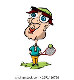 Quirky Tennis Player with Racket and Ball. Hand Drawn Man Character Isolated on White Background.