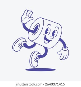 A quirky toilet paper roll character flipping in the air with sneakers, designed in a playful and fun cartoon style.